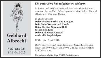Traueranzeige von Gebhard Albrecht von WVG - Wochenspiegel Dessau / Köthen
