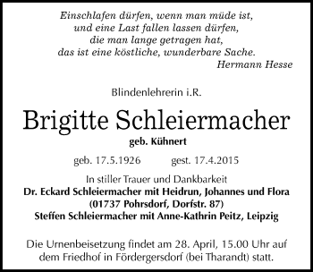 Traueranzeige von Brigitte Schleiermacher von Mitteldeutsche Zeitung Halle/Saalkreis