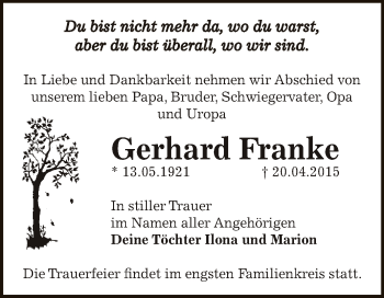 Traueranzeige von Gerhard Franke von WVG - Wochenspiegel Dessau / Köthen