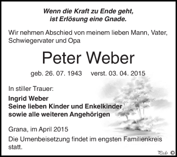 Traueranzeige von Peter Weber von Super Sonntag Zeitz