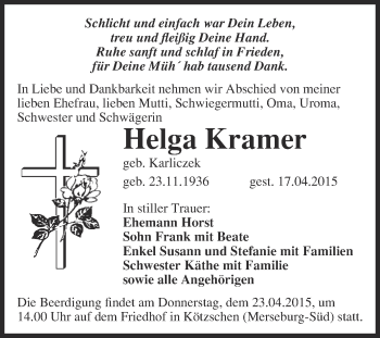Traueranzeige von Helga Kramer von Super Sonntag Merseburg