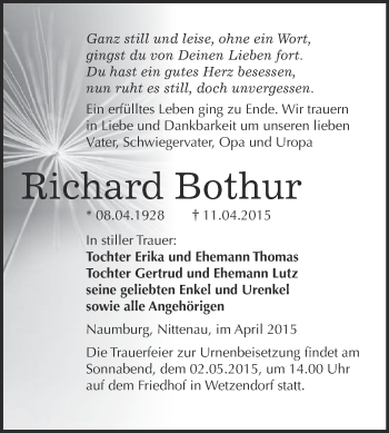 Traueranzeige von Richard Bothur von WVG - Wochenspiegel NMB / WSF / ZTZ