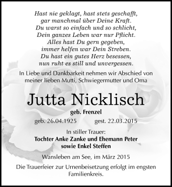 Traueranzeige von Jutta Nicklisch von Mitteldeutsche Zeitung Mansfelder Land