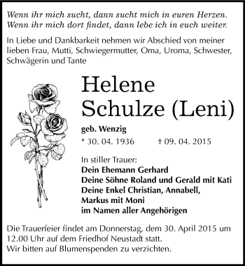 Traueranzeige von Helene Schulze von Mitteldeutsche Zeitung Halle/Saalkreis
