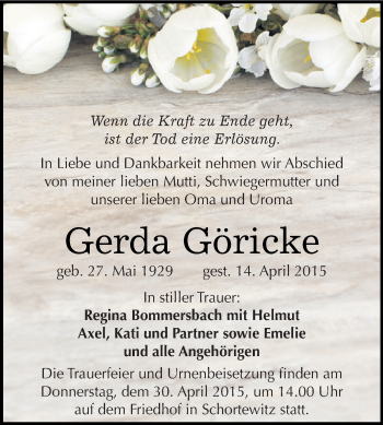 Traueranzeige von Gerda Göricke von WVG - Wochenspiegel Dessau / Köthen