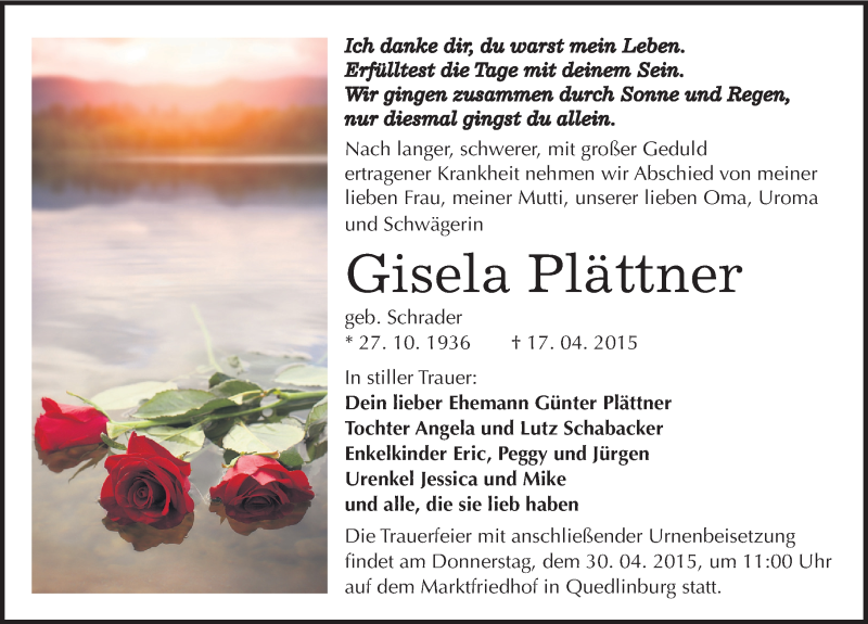  Traueranzeige für Gisela Plättner vom 23.04.2015 aus Mitteldeutsche Zeitung Quedlinburg