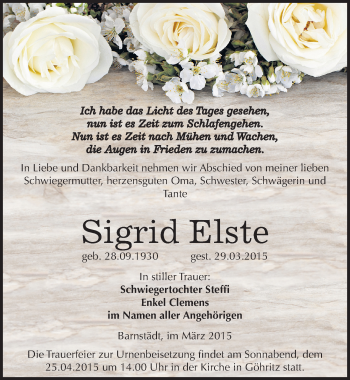 Traueranzeige von Sigrid Elste von Mitteldeutsche Zeitung Merseburg/Querfurt
