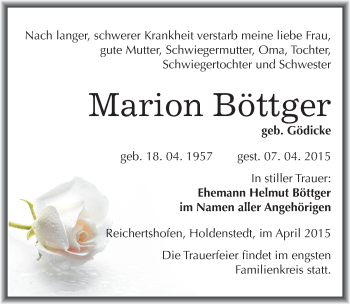 Traueranzeige von Marion Böttger von Mitteldeutsche Zeitung Sangerhausen