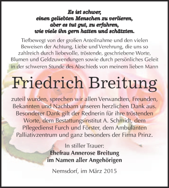 Traueranzeige von Friedrich Breitung von WVG - Wochenspiegel NMB / WSF / ZTZ