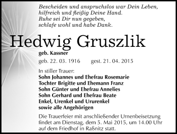Traueranzeige von Hedwig Gruszlik von Mitteldeutsche Zeitung Merseburg/Querfurt