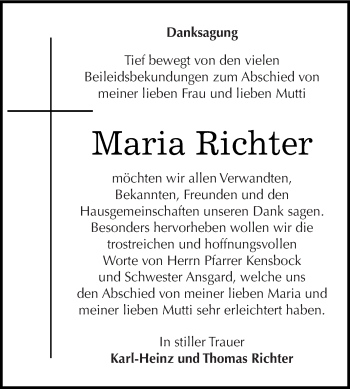 Traueranzeige von Maria Richter von WVG - Wochenspiegel Dessau / Köthen