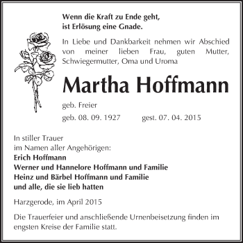 Traueranzeige von Martha Hoffmann von Super Sonntag Quedlinburg
