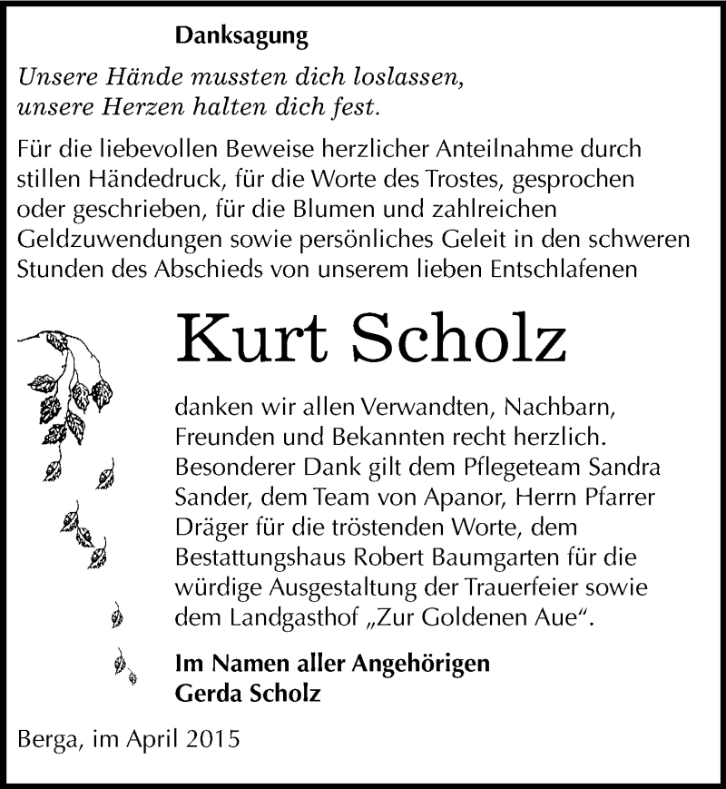  Traueranzeige für Kurt Scholz vom 17.04.2015 aus Mitteldeutsche Zeitung Sangerhausen
