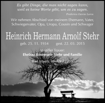 Traueranzeige von Heinrich Hermann Arnolf Stehr von Mitteldeutsche Zeitung Weißenfels