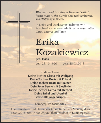 Traueranzeige von Erika Kozakiewicz von WVG - Wochenspiegel Wittenberg