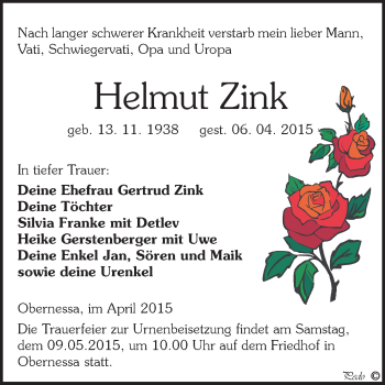 Traueranzeige von Helmut Zink von WVG - Wochenspiegel NMB / WSF / ZTZ