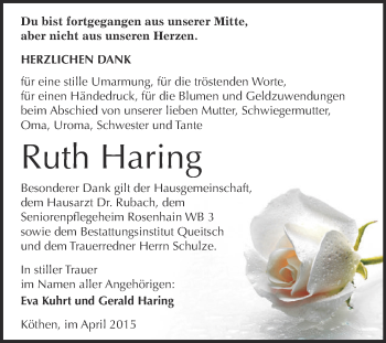 Traueranzeige von Else Ruth Haring von WVG - Wochenspiegel Dessau / Köthen