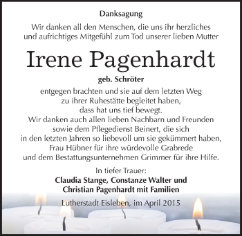 Traueranzeige von Irene Pagenhardt von Mitteldeutsche Zeitung Mansfelder Land