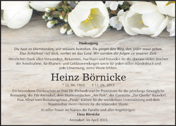 Traueranzeige von Heinz Börnicke von Mitteldeutsche Zeitung Köthen