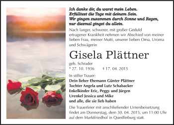 Traueranzeige von Gisela Plättner von Mitteldeutsche Zeitung Quedlinburg