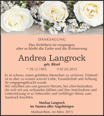 Traueranzeige von Andrea Langrock von WVG - Wochenspiegel NMB / WSF / ZTZ
