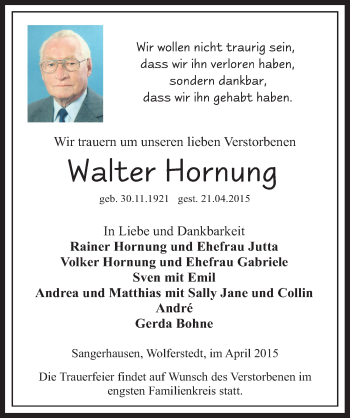Traueranzeige von Walter Hornung von Mitteldeutsche Zeitung Sangerhausen