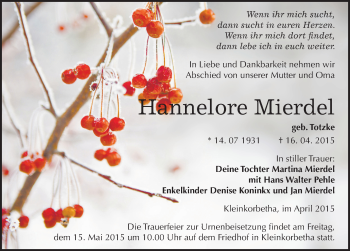 Traueranzeige von Hannelore Mierdel von Mitteldeutsche Zeitung Weißenfels