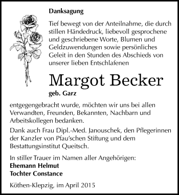 Traueranzeige von Margot Becker von Mitteldeutsche Zeitung Köthen