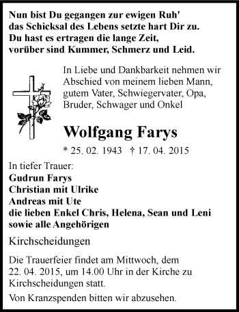 Traueranzeige von Wolfgang Farys von Mitteldeutsche Zeitung Naumburg/Nebra