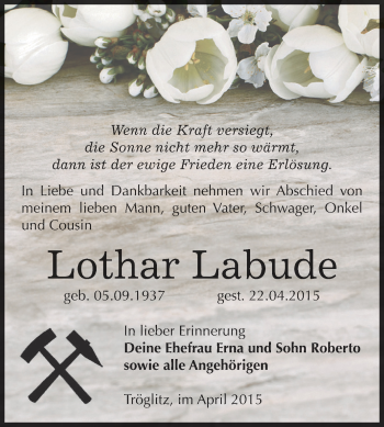 Traueranzeige von Lothar Labude von Super Sonntag Zeitz