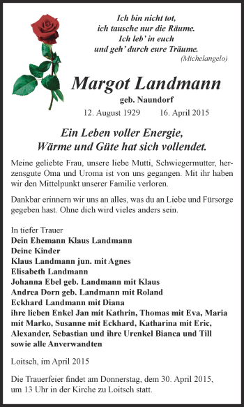 Traueranzeige von Margot Landmann von Super Sonntag Zeitz