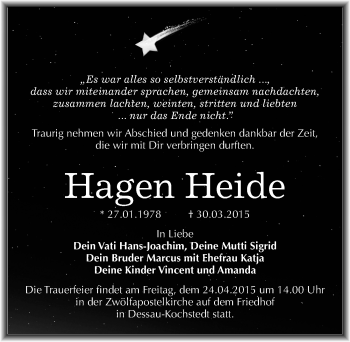 Traueranzeige von Hagen Heide von Mitteldeutsche Zeitung Dessau-Roßlau