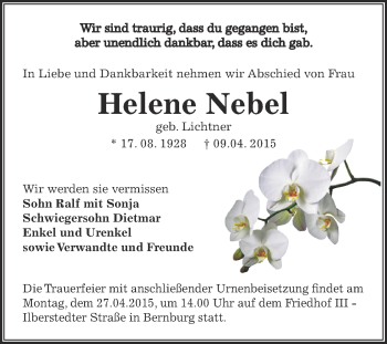 Traueranzeige von Helene Nebel von Super Sonntag Bernburg