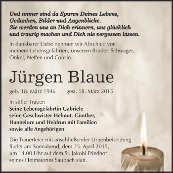 Traueranzeige von Jürgen Blaue von WVG - Wochenspiegel NMB / WSF / ZTZ