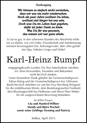 Traueranzeige von Karl-Heinz Rumpf von Mitteldeutsche Zeitung Sangerhausen