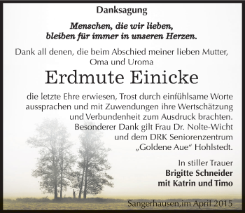 Traueranzeige von Erdmute Einicke von Mitteldeutsche Zeitung Sangerhausen