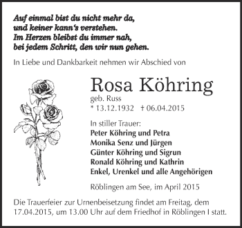 Traueranzeige von Rosa Köhring von Wochenspiegel Mansfelder Land