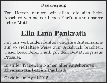 Traueranzeige von Ella Lina Pankrath von Super Sonntag Bernburg