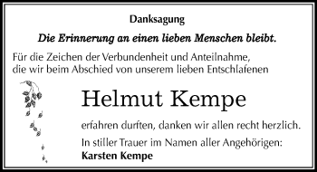 Traueranzeige von Helmut Kempe von Mitteldeutsche Zeitung Mansfelder Land