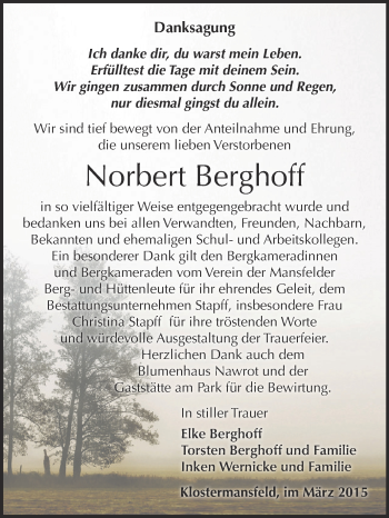 Traueranzeige von Norbert Berghoff von Wochenspiegel Mansfelder Land