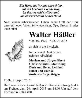 Traueranzeige von Walter Häßler von Mitteldeutsche Zeitung Sangerhausen