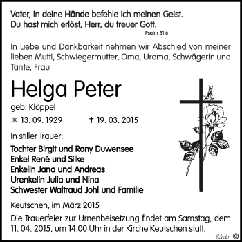 Traueranzeige von Helga Peter von WVG - Wochenspiegel NMB / WSF / ZTZ