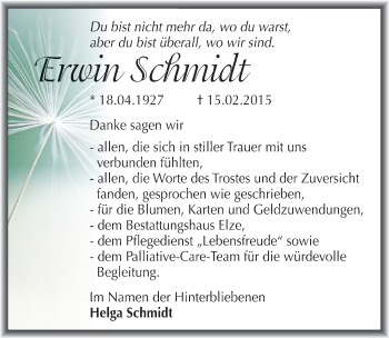 Traueranzeige von Erwin Schmidt von Mitteldeutsche Zeitung Dessau-Roßlau