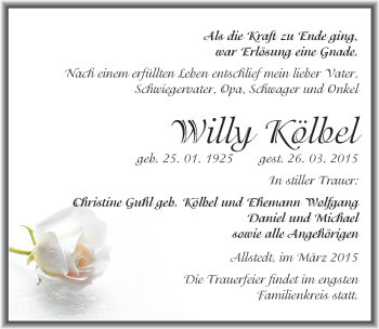 Traueranzeige von Willy Kölbel von Mitteldeutsche Zeitung Sangerhausen