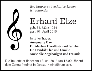 Traueranzeige von Erhard Elze von WVG - Wochenspiegel Dessau / Köthen