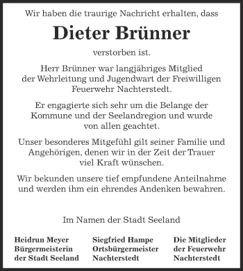 Traueranzeige von Dieter Brünner von Super Sonntag Aschersleben