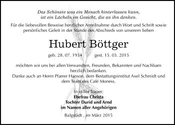 Traueranzeige von Hubert Böttger von Mitteldeutsche Zeitung Naumburg/Nebra