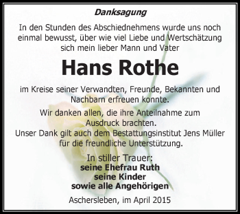 Traueranzeige von Hans Rothe von Super Sonntag Aschersleben