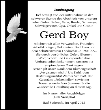 Traueranzeige von Gerd Boy von Mitteldeutsche Zeitung Quedlinburg