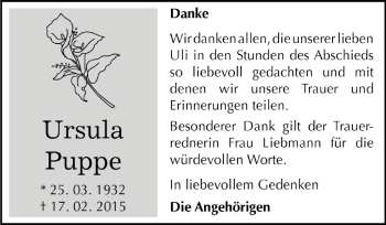Traueranzeige von Ursula Puppe von WVG - Wochenspiegel Dessau / Köthen